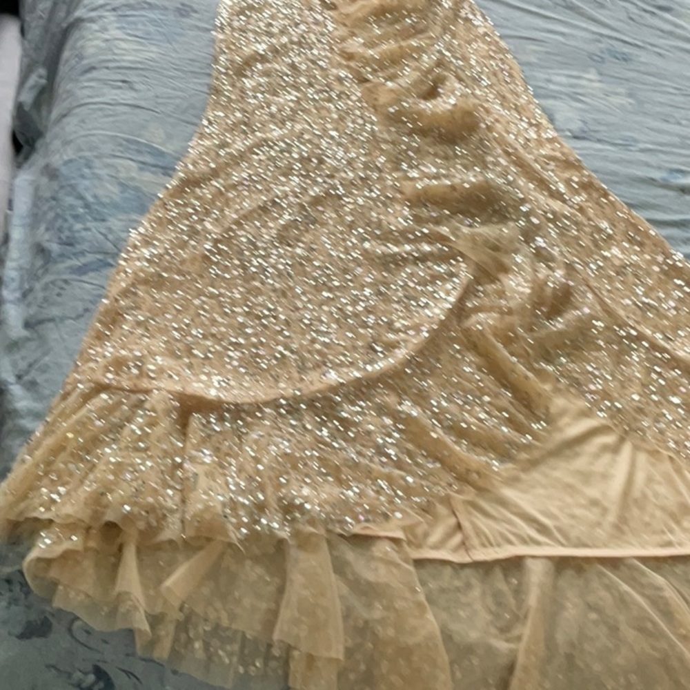 Mac Duggal Sequin Ruffle Asymmetric
Neck Tulle Gown/with Flutter Cap Sleeves - Picture 8 of 14